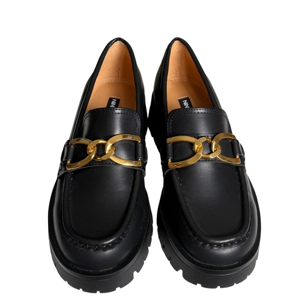 Nine West, Size 5 Black Loafers with Gold Chain Detail